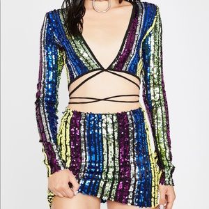 Shiny Disco Bae Striped Sequin Skirt Set